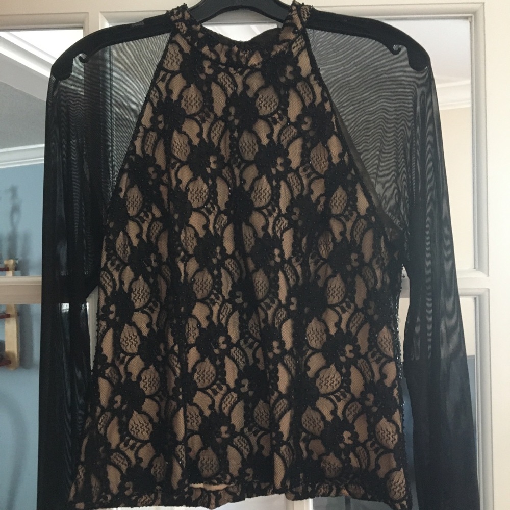 Beaded black lace top, nude bodice, sheer l/s, & beaded sleeve  trim, back zip